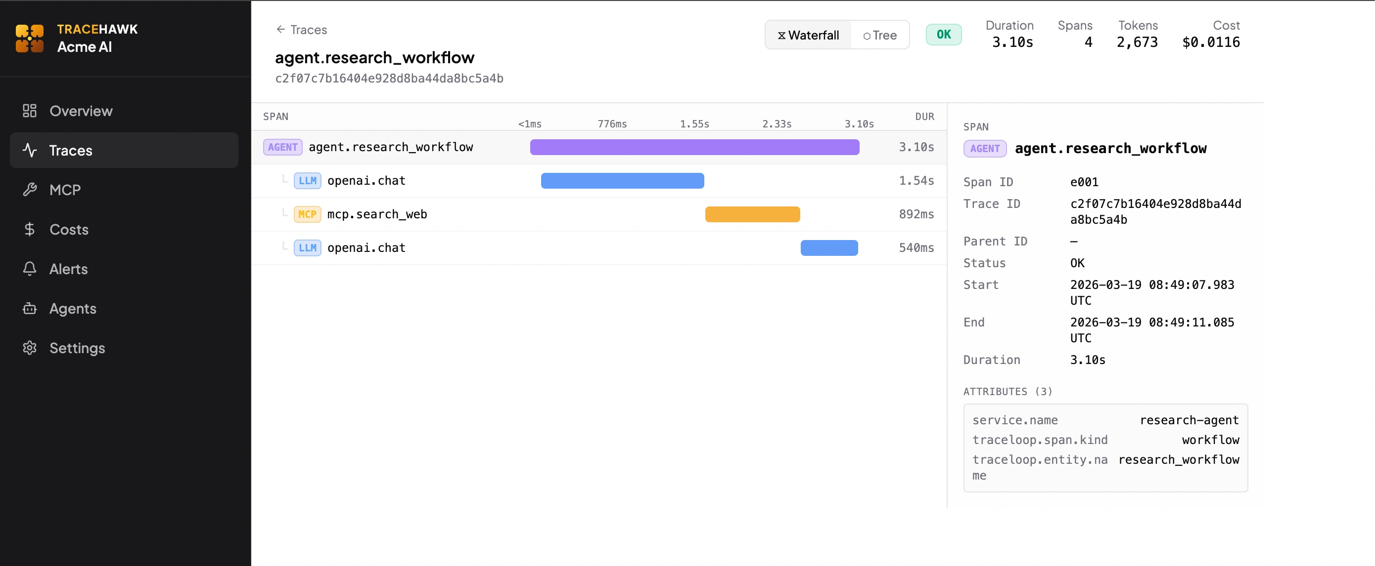 TraceHawk span waterfall view showing AGENT, LLM and MCP spans with timing bars